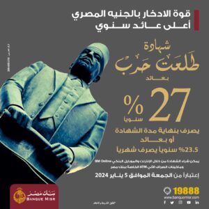 بأعلى عائد.. بنك مصر يصدر شهادة ادخارية جديدة تصل إلى %27 سنويًا